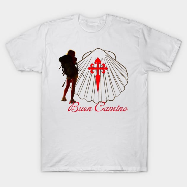 Buen Camino Woman Pilgrim Silhouette T-Shirt by Brasilia Catholic